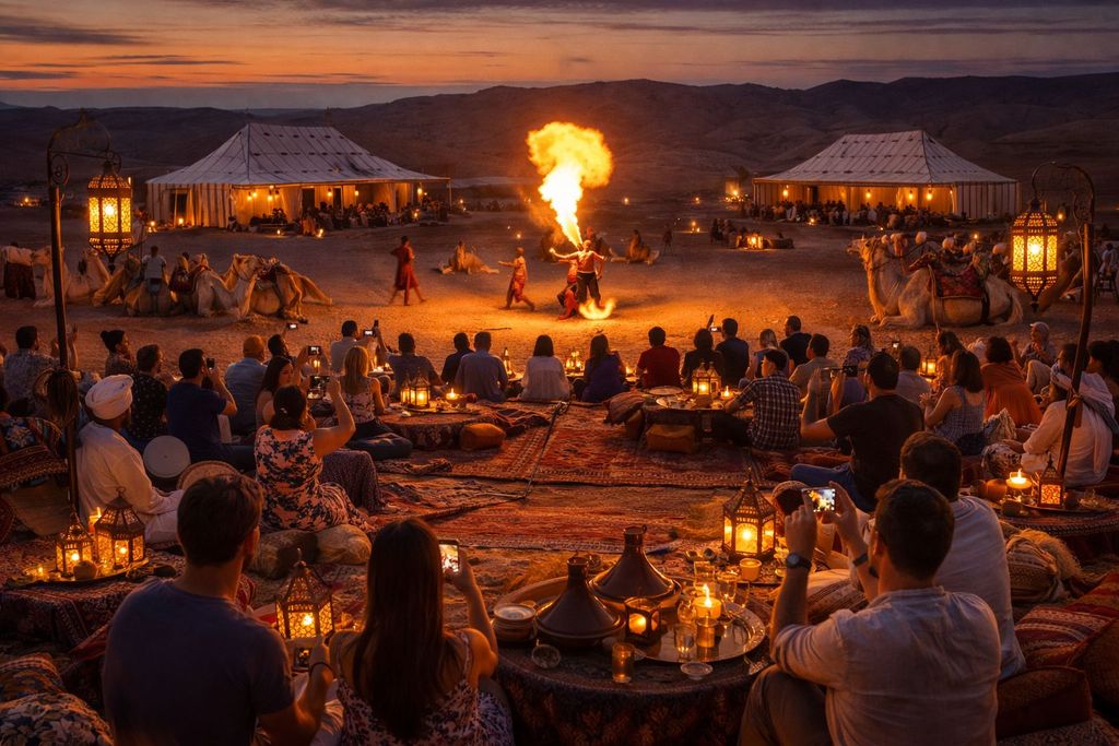 Marrakesch: Kamelritt, Abendessen und Feuershow in der Agafay-Wüste