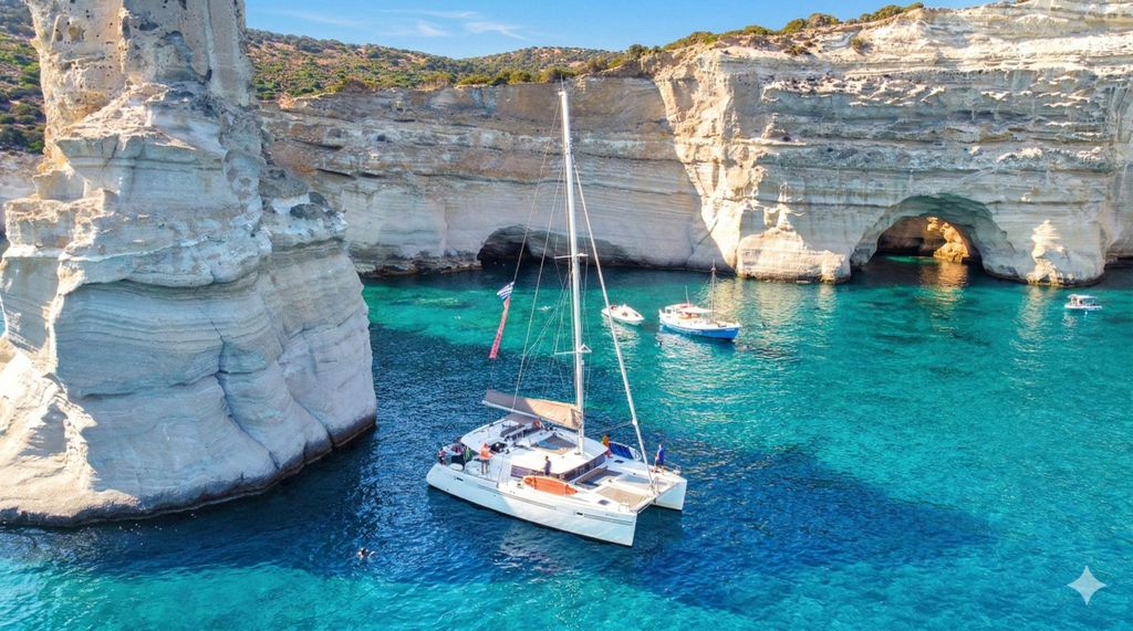 Milos: Kleftiko Morgen-Katamaranfahrt mit Mittagessen und Getränken