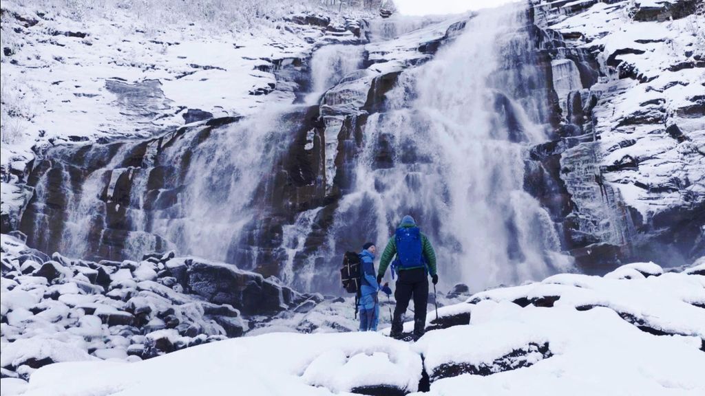 Bodø: Schneeschuhwanderung am Valnesfossen und Saltstraumen-Tour