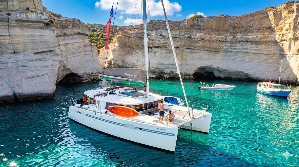 Milos: Kleftiko Sunset Catamaran Cruise mit Mahlzeit & Getränken