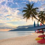 Palmen und Boote am Strand auf Pulau Tioman